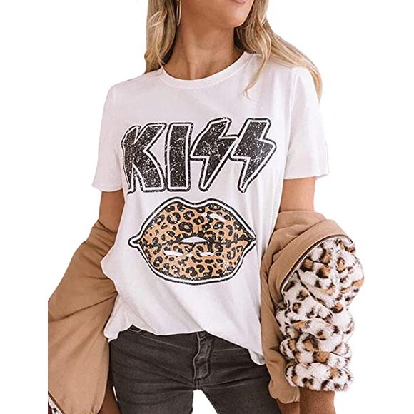 YourTops Women Kiss Leopard Lips T-Shirt Lipstick Shirt
