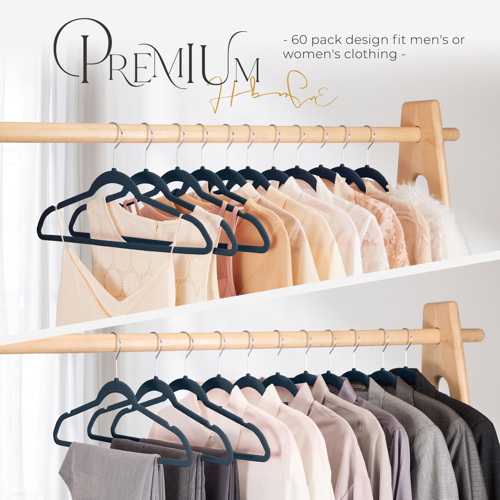 cozymood Premium Velvet Hangers Non-Slip Space Saving Suit Clothes Hangers, Navy Blue, 60 Count