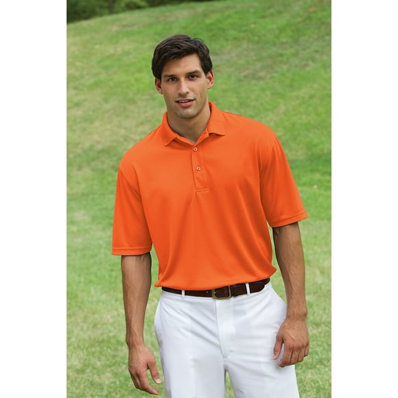 Polyester moisture wicking and anti-microbial treated performance baby pique, short-sleeve, easy care, color fast polo with heat seal label, welt collar, hemmed bottom with side vents. 5.5 oz.