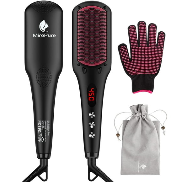 Cepillo alisador de pelo de cerámica mejorado de MiroPure, cepillo alisador iónico 2 en 1 con función antiescaldaduras, bloqueo automático de temperatura y función de apagado automático (negro)