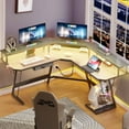 thumbnail image 3 of DWVO L-Shaped Gaming Desk with Large Monitor Riser Stand, Corner Computer Desk with LED & Power Outlets, Carbon Corner Desk Table for Home and Work Place,Black, 3 of 12