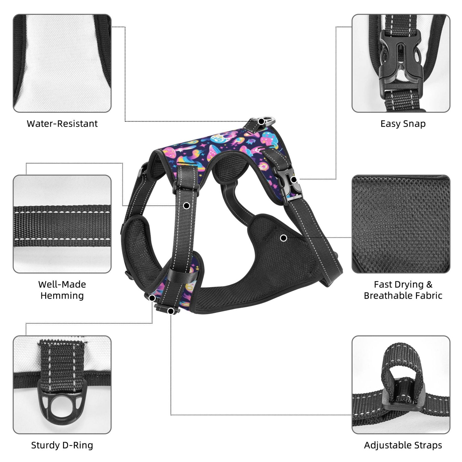 Vsdgher mushroom colorful Skull star Pattern Dog Harness,No Pull Pet Harness with Soft Padded Handle,Adjustable Reflective Vest with 2 Buckles,4 Slide Buckles,S-XL Medium