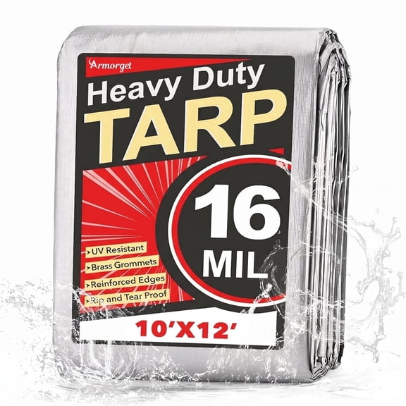 Tarps Heavy Duty Waterproof, 10’ X 12’,Extra Thick 16 Mil, 100% UV Blocking/Tear & Fade ,Outdoor Tarp with Resistant, Patio, Tent, Grommets for Roof, Camping, Patio, Pool,Boat(Silver/Black)
