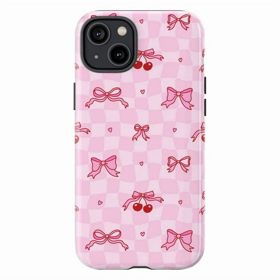 Girly Pink iPhone Case, Cute Bows, Hearts, and Cherry Pattern, Soft Kawaii Pastel Aesthetic Cover for iPhone 16 15 14 13 12 11 Plus Pro Max Mini