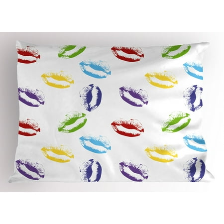 Colorful Pillow Sham Make Up Cosmetics Theme Lipstick Colored Lips Kisses Sexy Seductive Feminine Art, Decorative Standard Queen Size Printed Pillowcase, 30 X 20 Inches, Multicolor, by Ambesonne