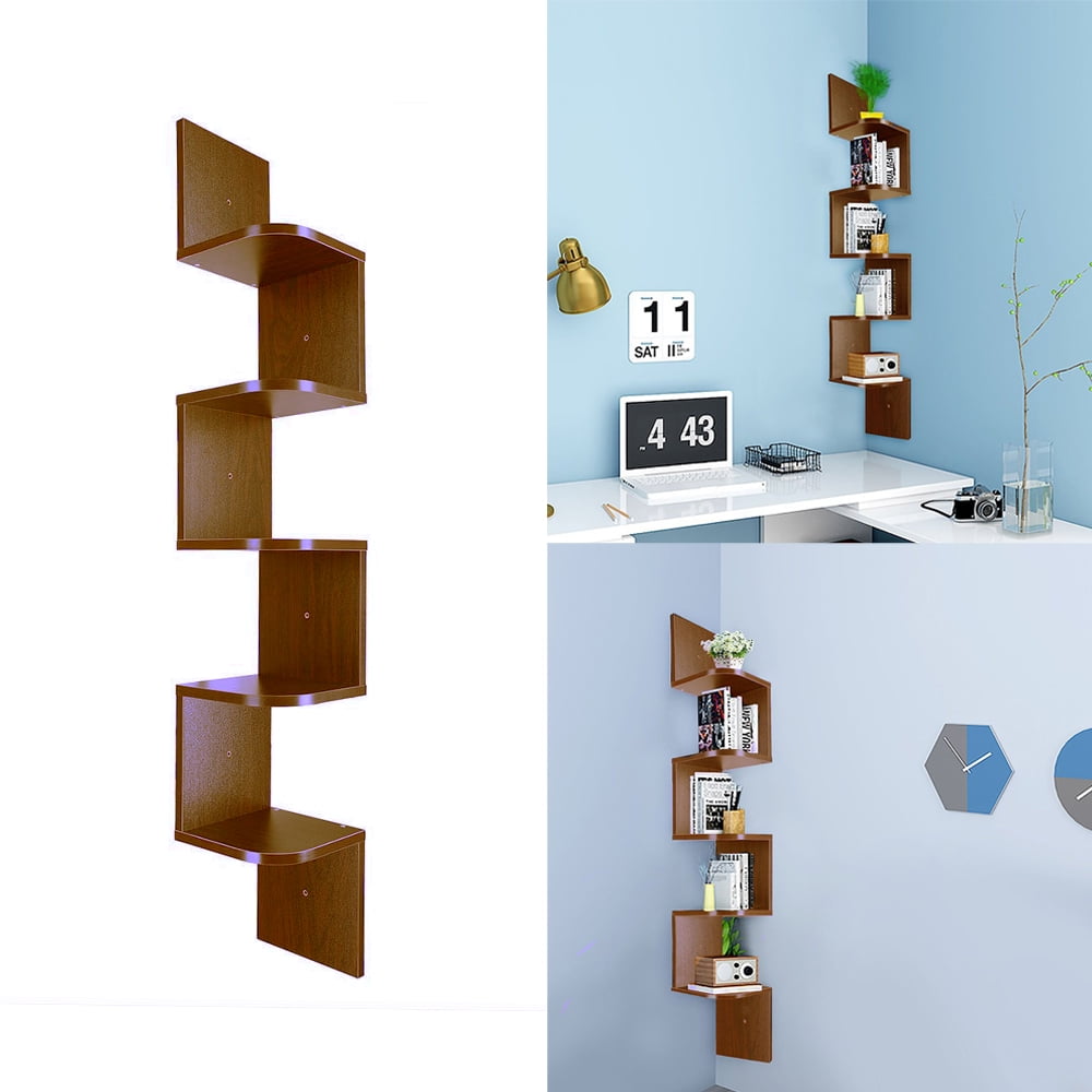 SESSLIFE 5 Tiers Zig Zag Floating Wall Mount Corner Shelf, Wooden