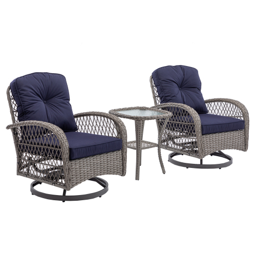 3 Pieces Patio Furniture Set, Patio Swivel Rocking Chairs Set, 2PCS Rattan Rocking Chairs and Side Table, Wicker Patio Bistro Set with Padded Cushions, for Patio Deck Porch Balcony,Navy - image 3 of 7