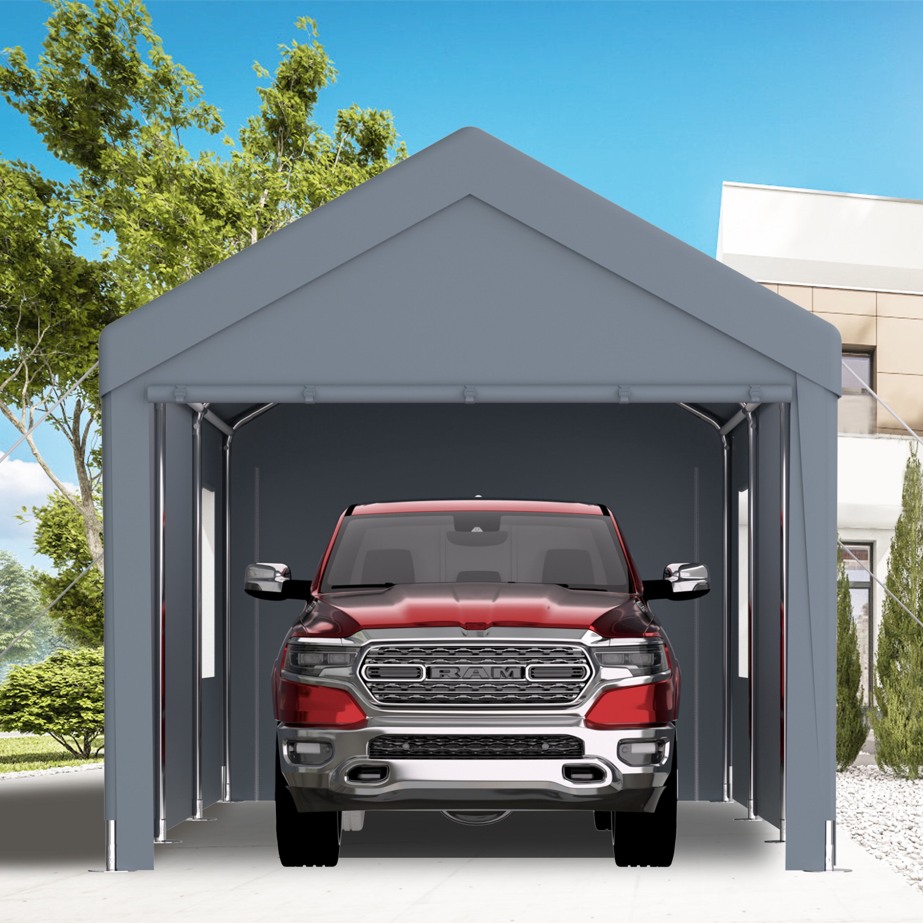 Outdoor Carports Carport 10' x 20' Portable Garage, Heavy Duty Car Port Canopy with 2 Roll-up Doors & 4 Ventilated Windows for Car, Truck, Boat, Garden Tools, grey,Residential Carports