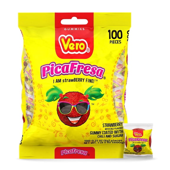 Vero Pica fresa FEV6 - Strawberry Flavored Chewy Gummy Candy Treats - 100 Piece (Pack of 1)- (1 Lb, 5.15 Ounces Each) - Individually Wrapped Mexican Candy Perfect for Piñatas, Halloween, and More