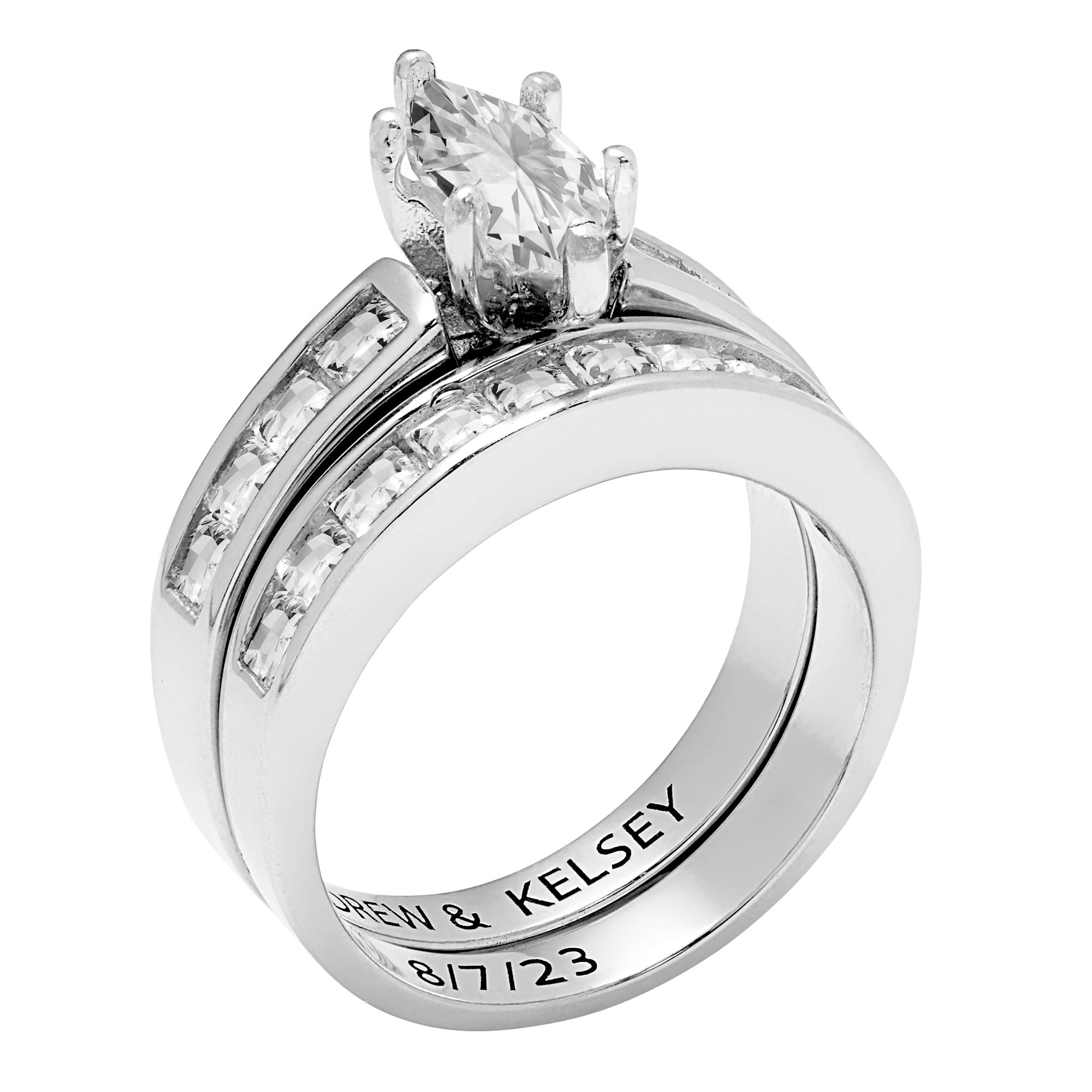 Vow & Forever Personalized Planet Bridal Platinum over Sterling Silver Marquise White Topaz 2 Piece Engraved Wedding Set ,Women's