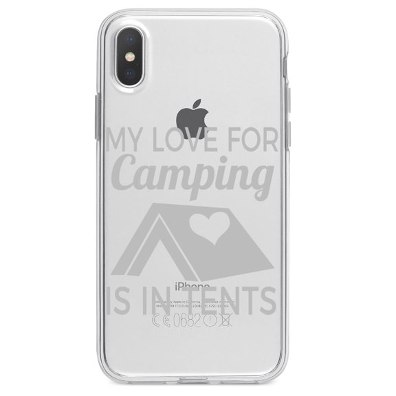 DistinctInk Clear Shockproof Hybrid Case for iPhone X / XS (5.8" Screen) - TPU Bumper Acrylic Back Tempered Glass Screen Protector - My Love For Camping is In Tents