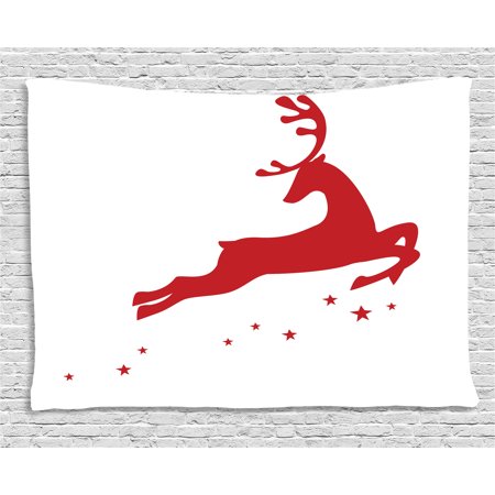 Red Tapestry, Jumping Reindeer Leaving a Starry Trace Behind Popular Christmas Character Silhouette, Wall Hanging for Bedroom Living Room Dorm Decor, 80W X 60L Inches, Red White, by Ambesonne