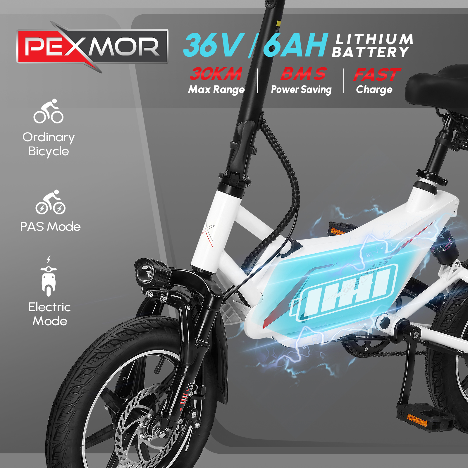 PEXMOR Electric Bike for Adults, Folding Electric Bicycle 350W 36V 6AH Battery w/Dual Shock Absorber&Dual Disc Brakes, 14" Foldable Commuter City Ebike for Adults/Teens,Throttle & Pedal Assist - image 2 of 9