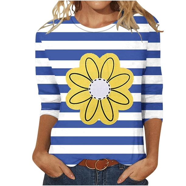 Camisetas Casuales de las Mujeres de Moda Impresa 3/4 Mangas Blusa Cuello Redondo para el Hogar Y Diario