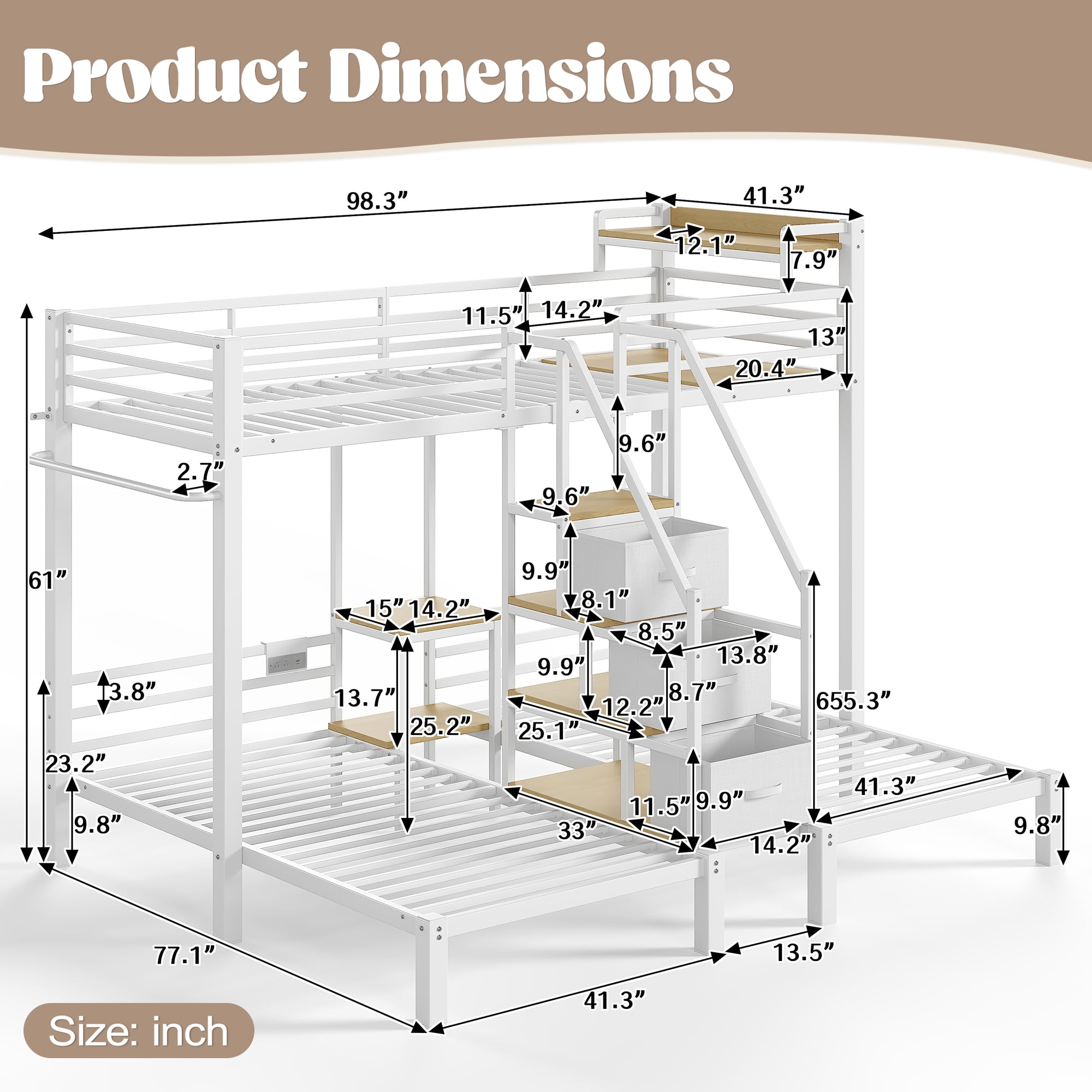HOQBN Triple Bunk Bed Twin over Twin,Heavy Duty Metal Bed Frame with Storage Stair Drawers,No Box Spring Needed,White