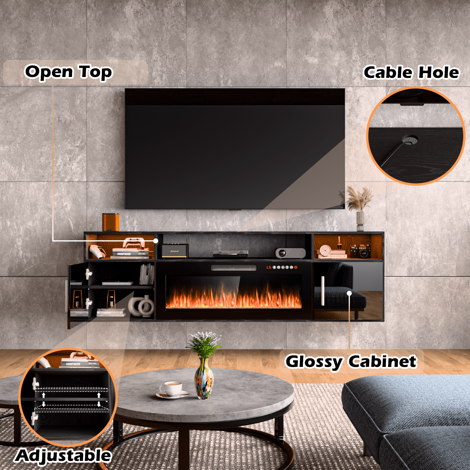 Waleaf 70'' Floating TV Stand with 36'' Electric Fireplace, Entertainment Center with Adjustable Shelves, Floating TV Console for Living Room,Black