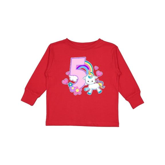 Inktastic I Am Five Years Old with Unicorn and Hearts Girls Long Sleeve Toddler T-Shirt