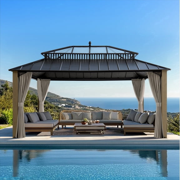 SUNJOY Kingston 16x12 Gazebo, Steel & PC Roof Hardtop Gazebo with Curtain and Netting - Cedar Posts