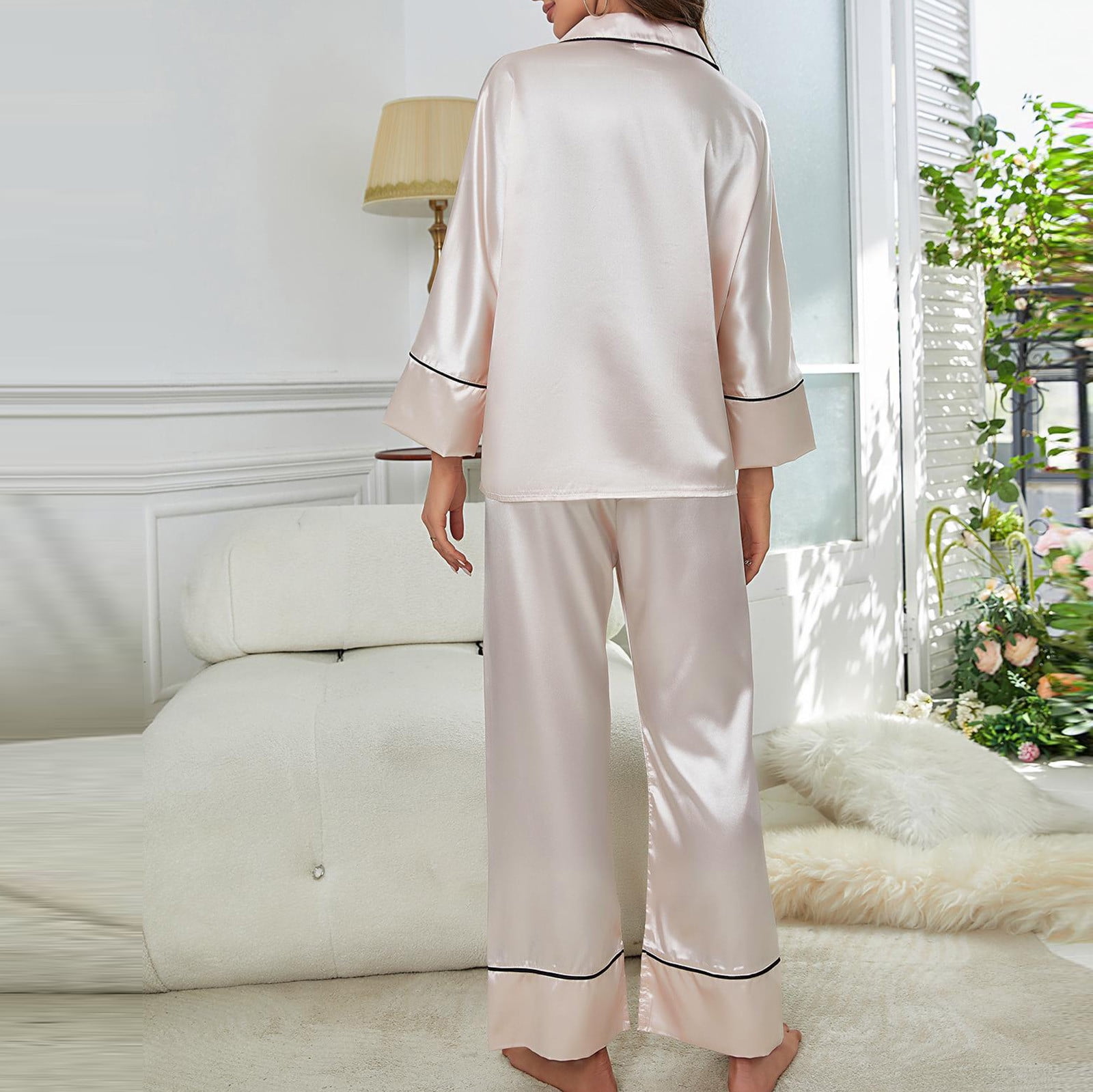 Pyjama Femme Satin 2 Pièces LUSLOVE - Haut Col V, Short, Soie Douce, Léger, Idéal été, Lune De Miel, Tenue De Nuit élégante - 8