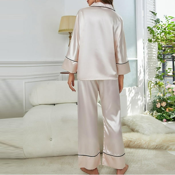 Cute Pjs for Women Set Womens Silk Satin Pajamas Set Two-Piece Sleepwear  Loungewear Button-Down Sets on Sale L