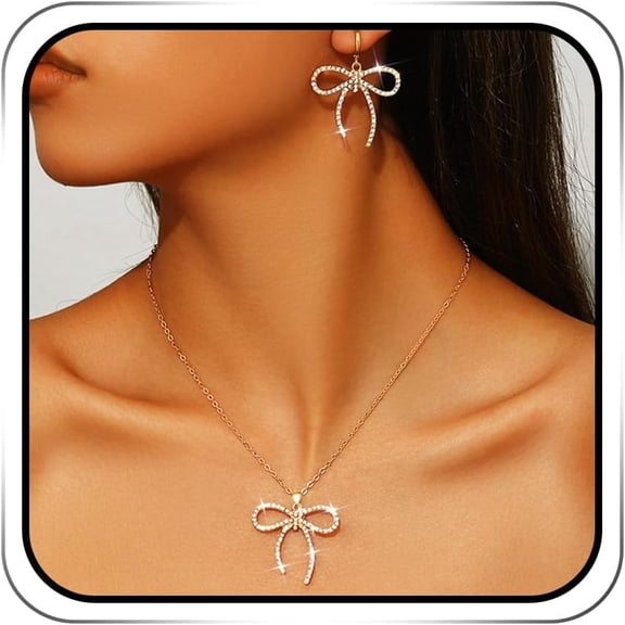 XBage Bow Jewelry Set Gold Rhinestone Prom Necklace And Earring Set For Women[xl6773]