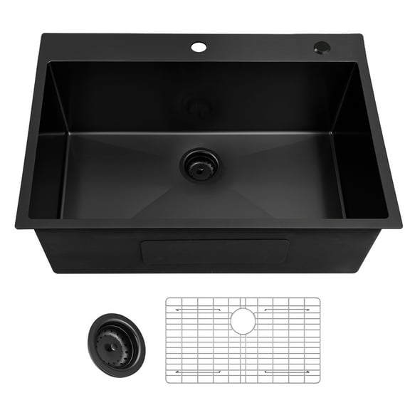 33 inch Drop-in Single Bowl Kitchen Sink, 18 Gauge Black Topmount Kitchen Sink, Handmade Round Corners Stainless Steel Sink, PVD-nano Scratch Resistant with Accessories