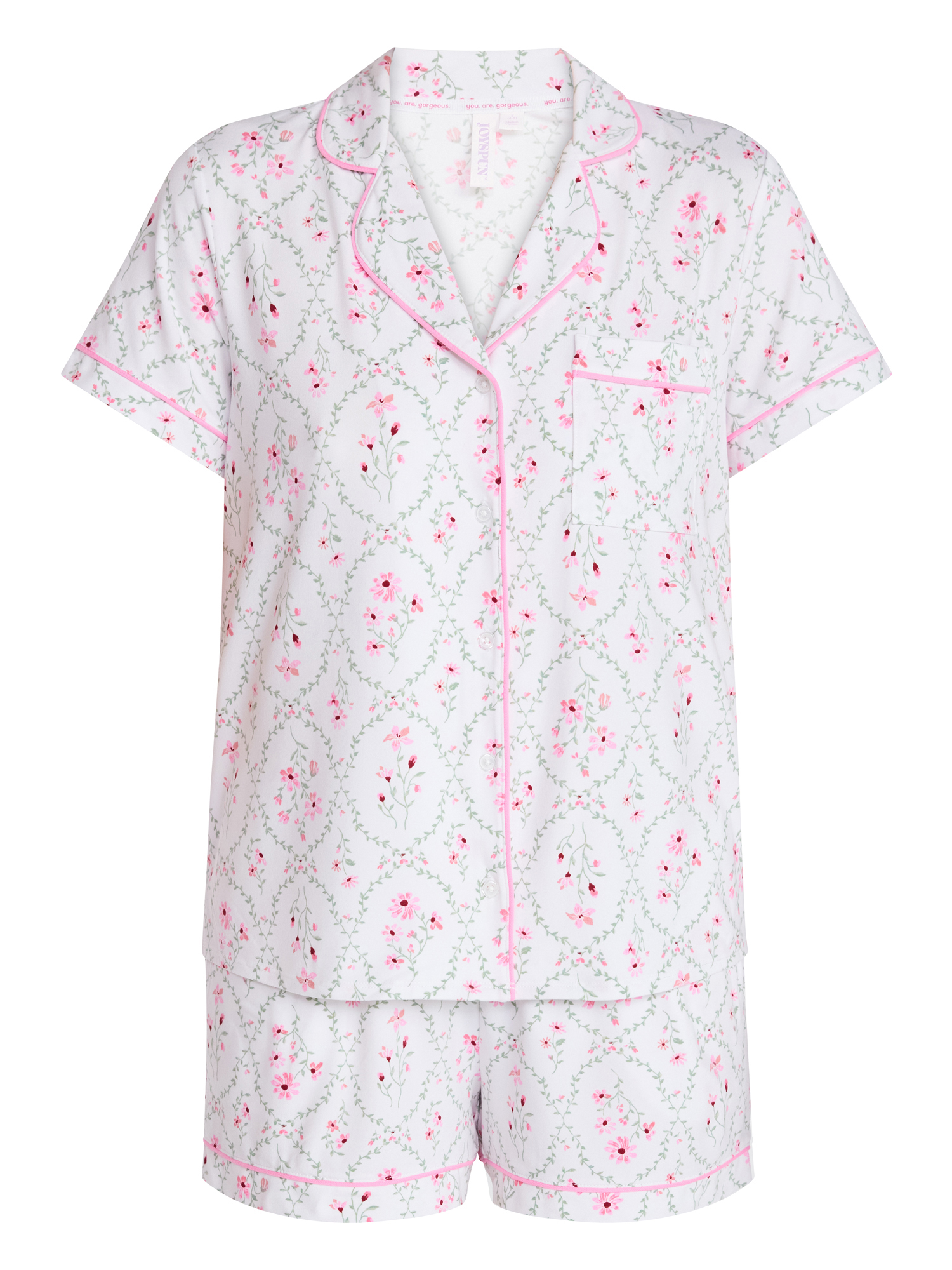Joyspun Women’s Dreamy Soft Collection Bridal Short Sleeve Knit Notch Collar Top and Shorts Pajama Set, 2-Piece, Sizes XS-3X