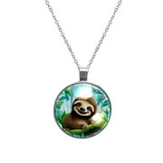 Sloth Glass Design Circular Pendant Necklace - Stylish Women's Fashion Jewelry by XYZ Brand