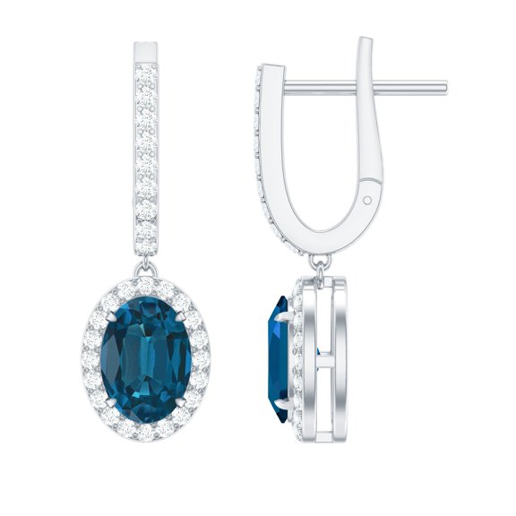 Rosec Jewels Classic J Hoop Drop Earrings with London Blue Topaz and Diamond for Women - AAA Quality, 10K White Gold