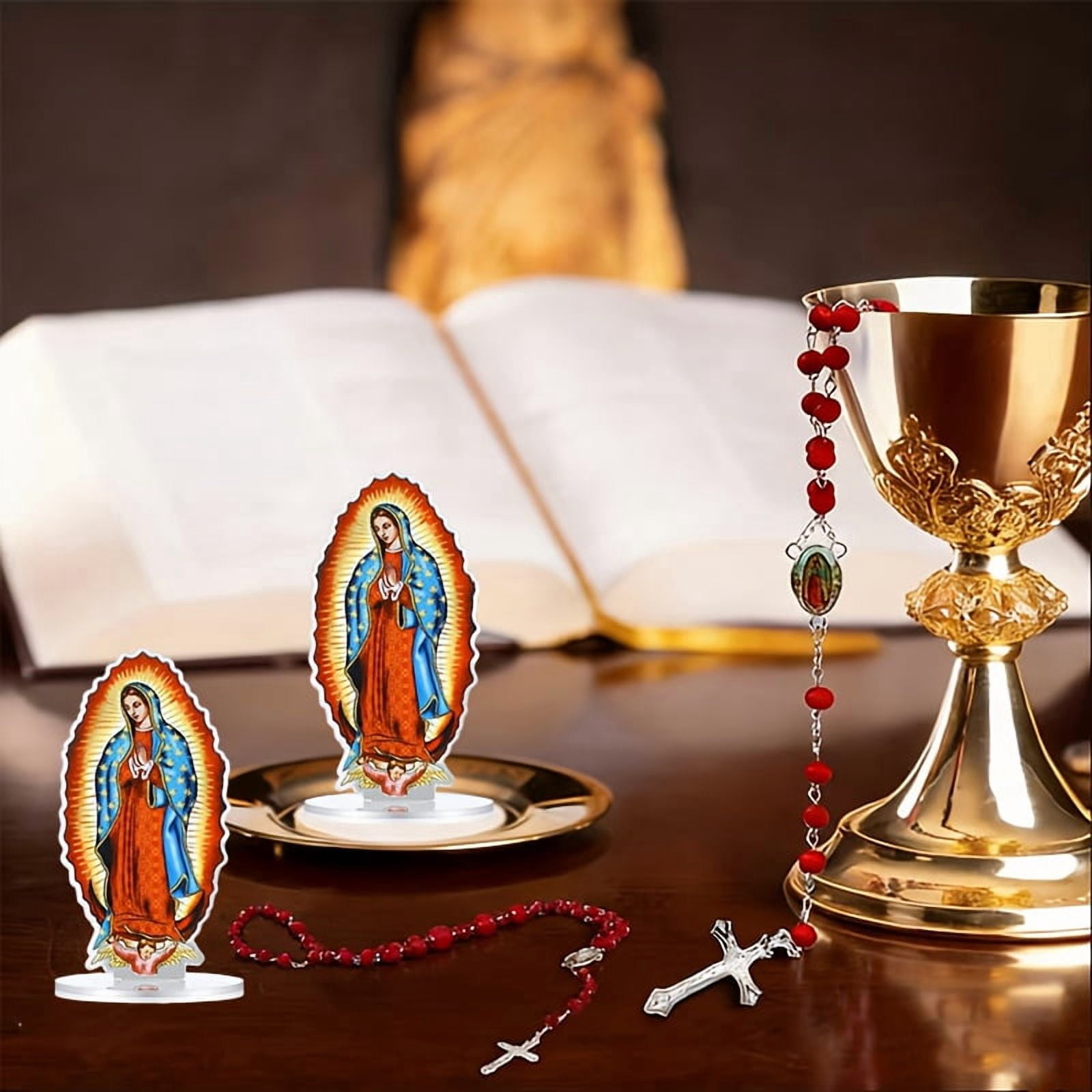 24 Pcs Our Lady of Guadalupe Rosary Necklace Set, Virgin Mary Acrylic Standing Decor with Cross Pendant Beads, Catholic Religious Gifts for Baptism Prayer Church Favors Bulk