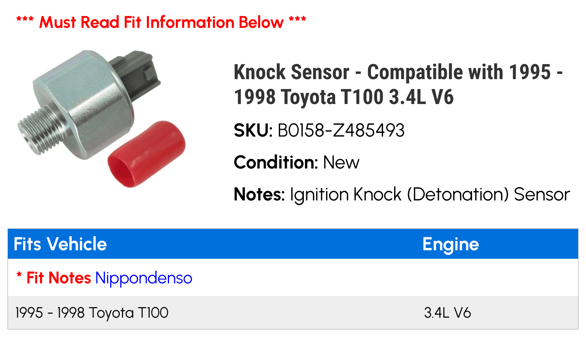 Knock Sensor - Compatible with 1995 - 1998 Toyota T100 3.4L V6 1996 1997