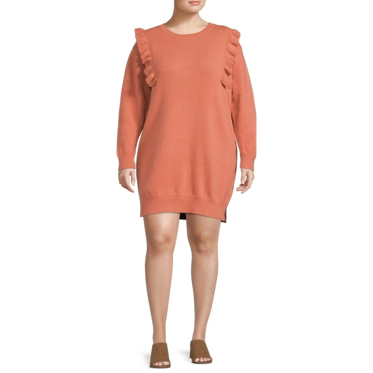 Debut Women s Plus Size Ruffle Shoulder Sweater Dress Walmart