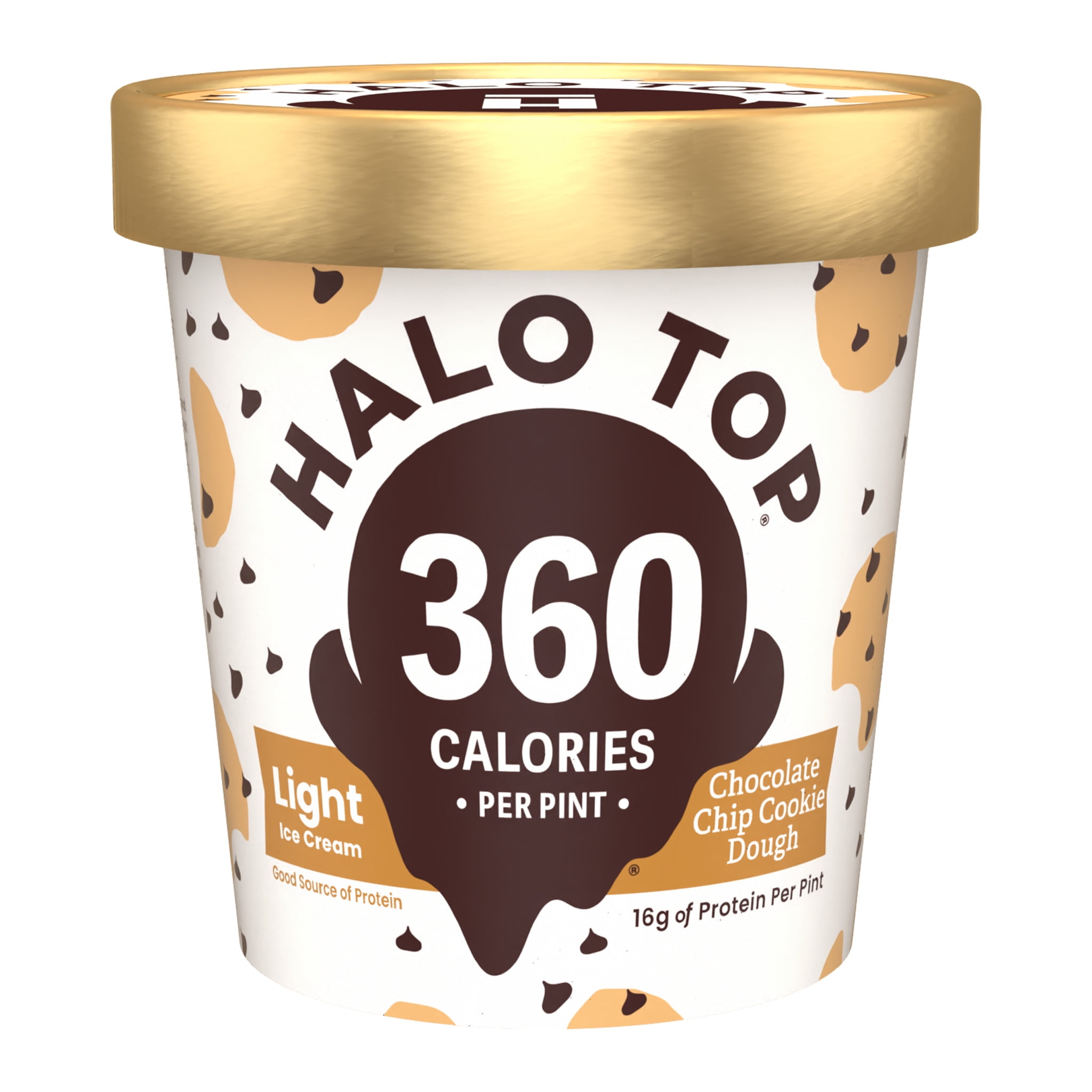 Halo Top Chocolate Chip Cookie Dough Light Ice Cream, With a Good Source of Protein, Lower Calorie Frozen Dessert, 16 fl oz Pint
