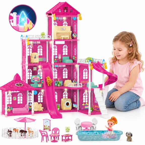 JoyStone Dollhouse Playset for Girls, 10 Rooms Doll House with Furniture and Doll, Upgraded Durable Plastic Construction with Warm LED Lights, Pretend Playhouse Toy Gift for Kids Ages 3