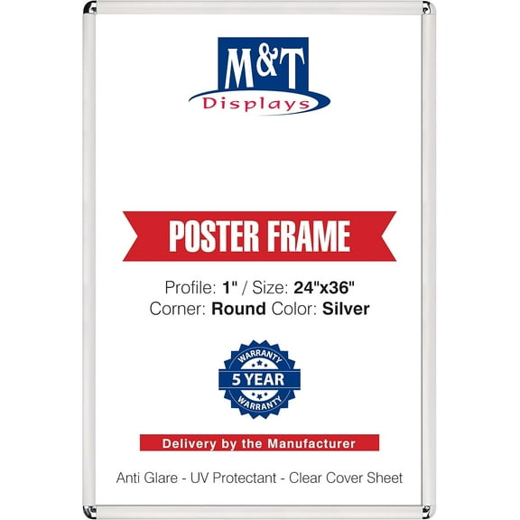 M&T Displays Silver Snap Frame with Round Corner 24x36 Poster Frame 1 inch Aluminum Profile Front Loading Wall Mounting Display for Picture, Document or Certificate