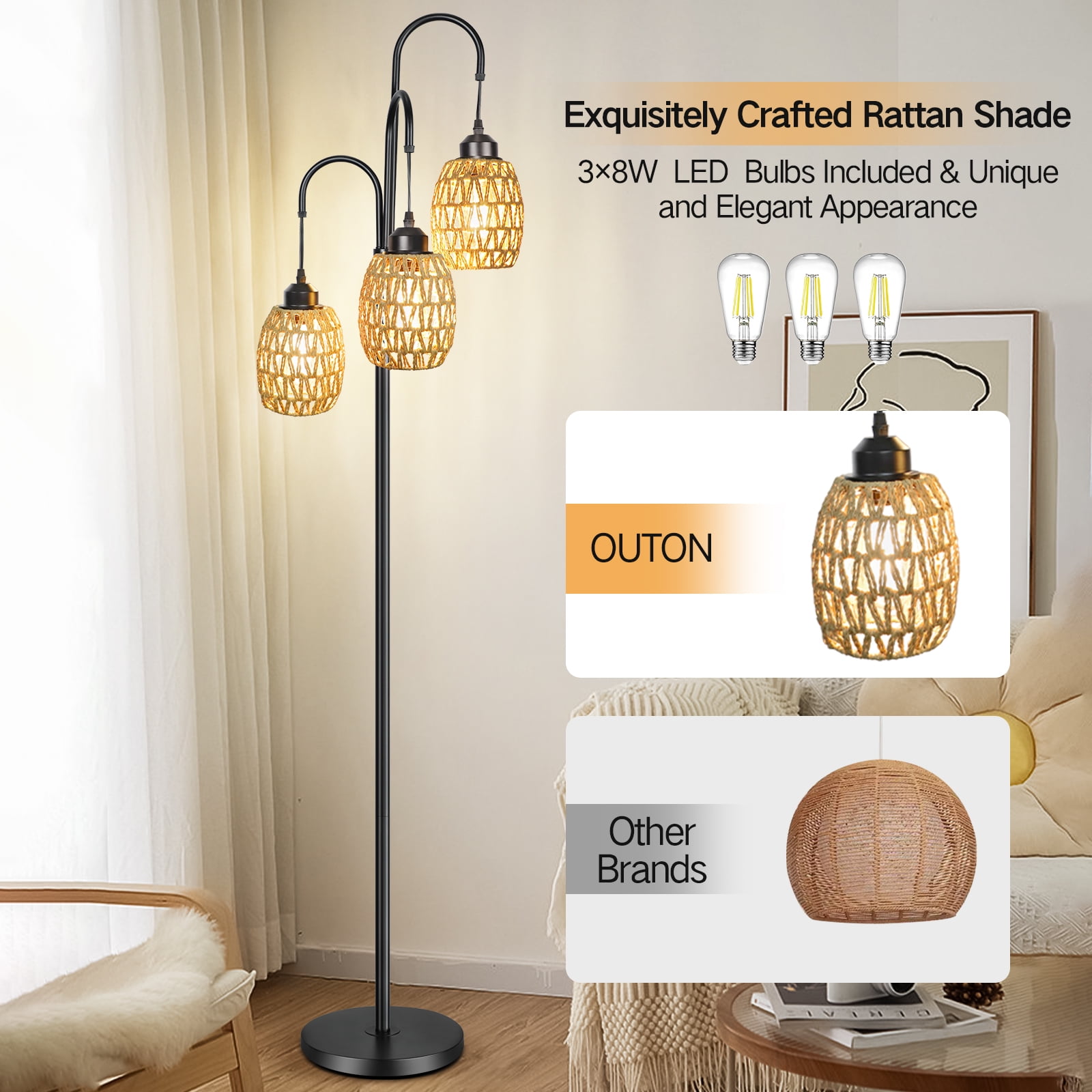 OUTON 69'' Tree Floor Lamp for Living Room Clearance, 3 Light Dimmable Tall Standing Lamp with Rattan Lampshade, Farmhouse Floor Lamp with 3 LED Bulbs for Bedroom Office, Boho