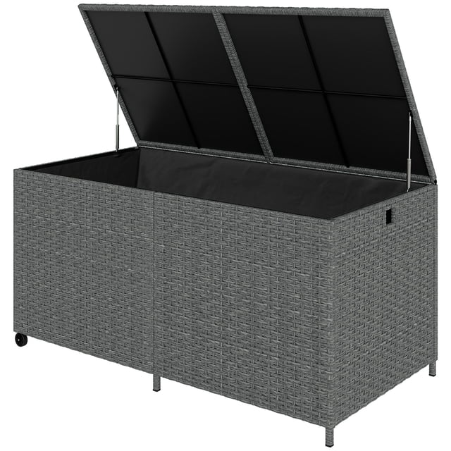 Coffre de Terrasse en Rotin de 162 Gallons avec Roues, Banc de Rangement Extérieur en Osier PE Gris Foncé avec Doublure Imperméable à Fermeture Éclair et Couvercle à Assistance au Gaz pour Patio, Jardin et Balcon