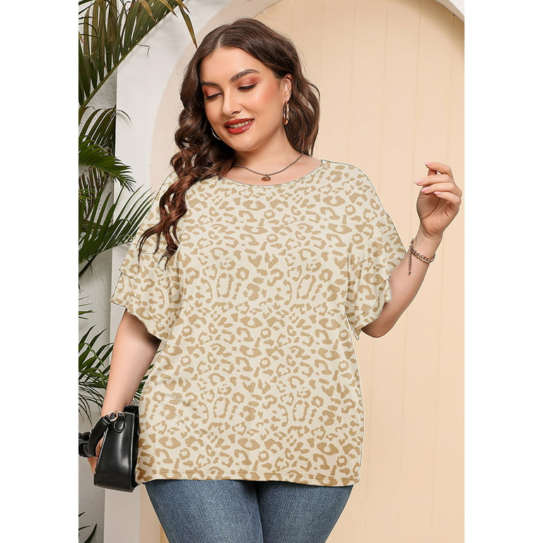 SHOWMALL Plus Size Tops for Women Short Sleeve Pink Leopard Brown 4X Tunic  Shirt Summer Clothing Loose Fitting Clothes 