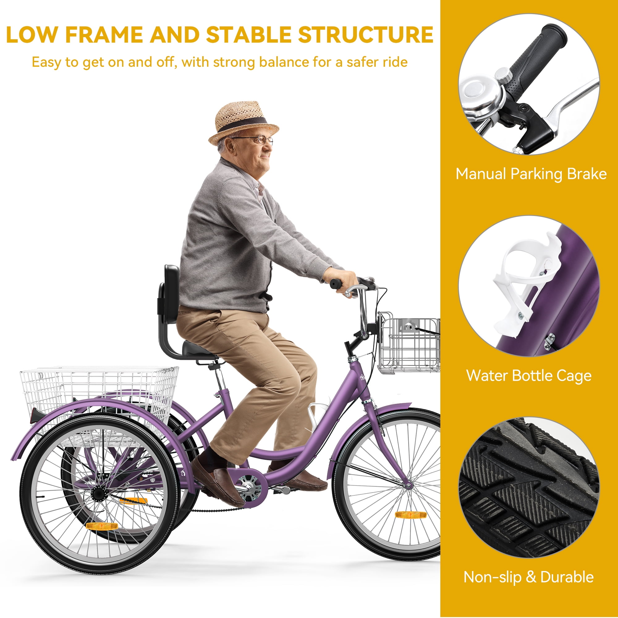 Dextrus Adult 24" Adjustable Seat Tricycle with Front & Rear Basket, Purple