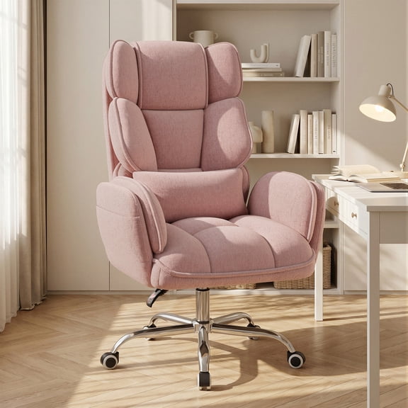 Hawsaiy Big and Tall Office Chair, Flip Armrests with Side Pockets, Comfy Criss Cross Office Chair with Extra-Wide Plush Seat, 150° Reclining Executive Office Chair, Chenille Upholstery, Pink