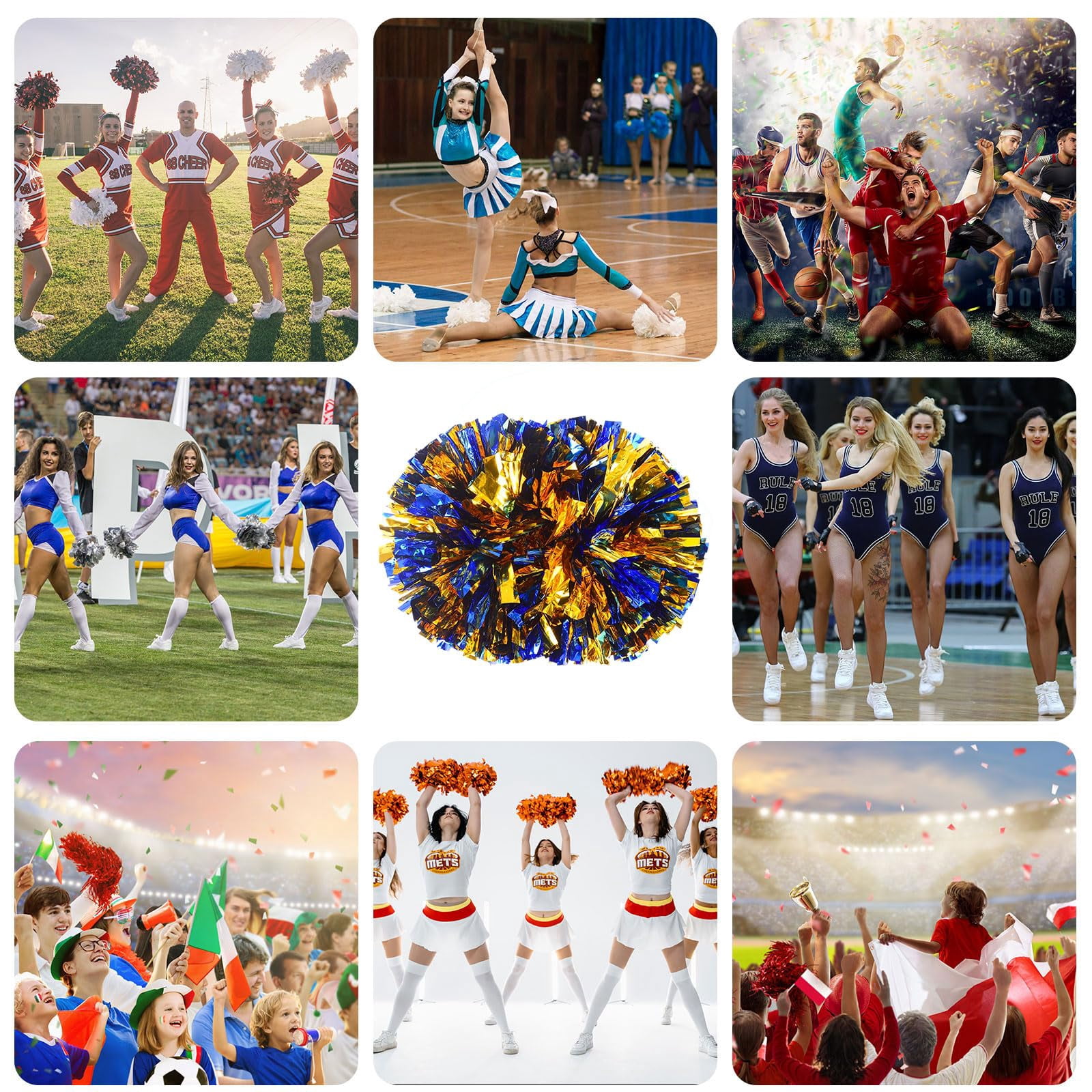 Pom Poms Cheer 18 Pcs with Handle, Cheerleading Handheld Squad Pompoms for Sports Team Spirit Games Dance Party Adults