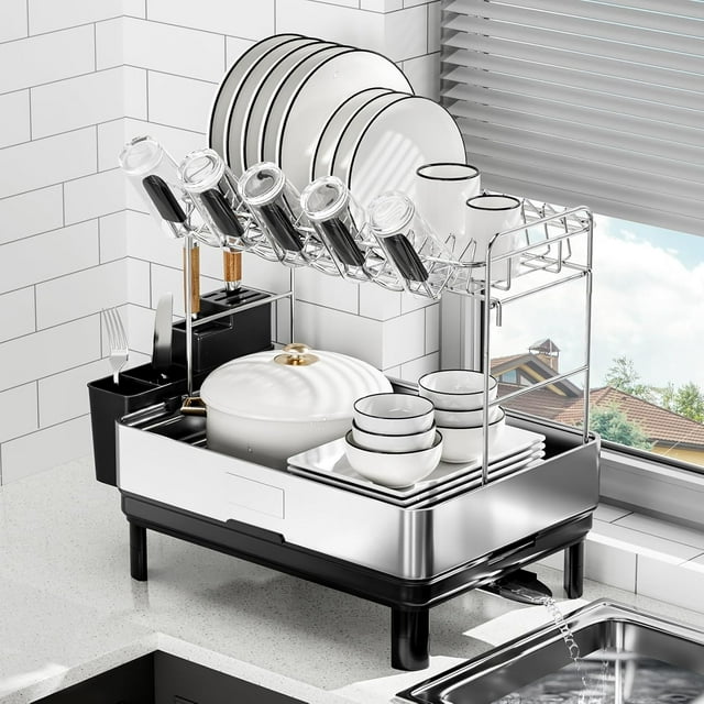 Dish Drying Rack Stainless Steel Dish Racks for Kitchen Counter Dish Drainers with Automatic Drainage Utensil Holder & Cups Holder Space Saving Kitchen Organizer