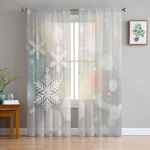 Christmas Snowflakes Sheer Curtains 72 Inches Long, White Sparkle Stars Romantic Xmas Light Filtering Window Curtains for Living Room, Rod Pocket Voile Sheer Curtain Drapes, 52"Wx72"L, 2 Panels