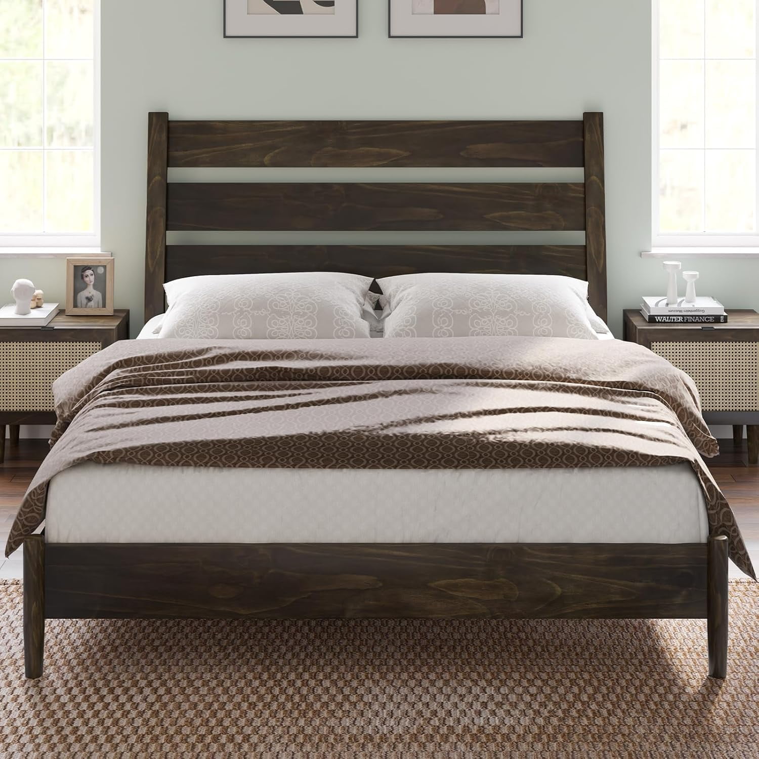 VanAcc Queen Size Solid Wood Bed Frame, Platform Beds with 45"H Headboard, Easy Assembly, Deep Brown