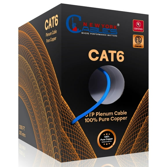 NewYork Cables | CAT6 Plenum 1000ft Blue | UL & ETL Listed CMP | 100% Copper | UTP 23AWG 550MHz | 10GB PoE++