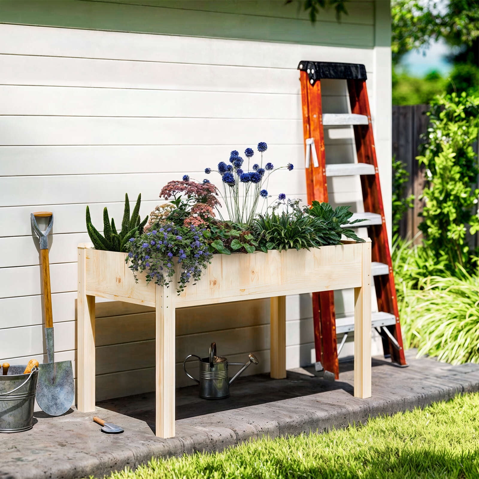 Gianna Raised Garden Bed with Legs, 48x24x30in Wood Bed Liner for Herbs Flowers Vegetables