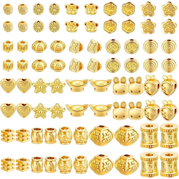 18k Gold Plated Spacer Beads 100pcs 20 Styles Gold Bracelet Beads Set Cute Flower Heart Cube Spacers Golen Craft Bead for Bracelets Necklace Jewelry Making DIY Crafts 3~8mm