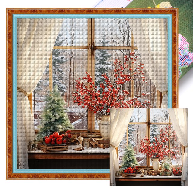 Hilo Algodón Bordado Punto Cruz Con Escena Nieve Y Ventana Impresa 11CT 50x50cm