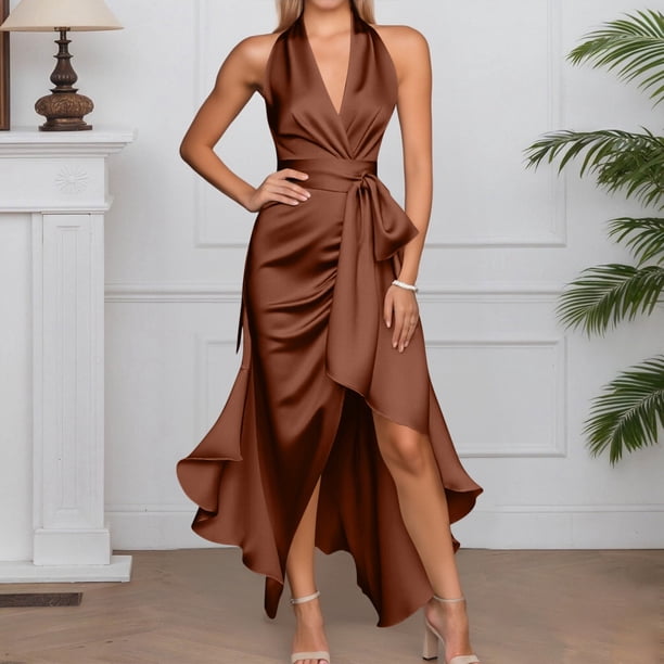 sexy dress for dinner Women's Party Slit Dress V-Neck Sleeveless Solid Color Irregular Hem Midi Length Evening Gown Banquet Date Night,Coffee,M Elevate your style with the DOLLY Luxury Green Sleeveless Dress Lexi One-Soulder Sexy Knee-Length Party