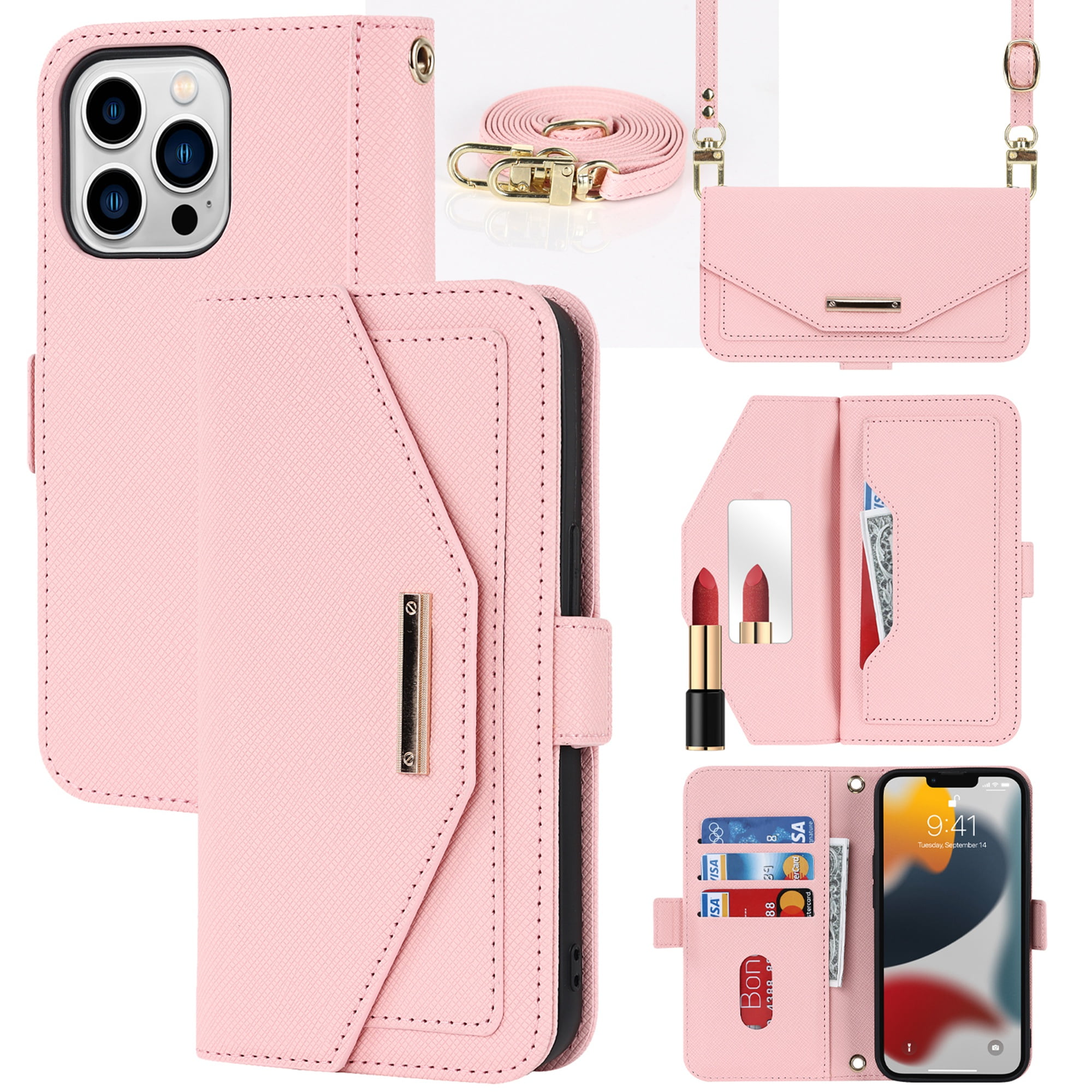 Crossbody Wallet for iPhone 14 Pro Max Case with Adjustable Lanyard Strap  Credit Card Holder 6.7, PU Leather Handbag Purse Kickstand Make Up Mirror  Cover Case for Men Women Girl - Pink 